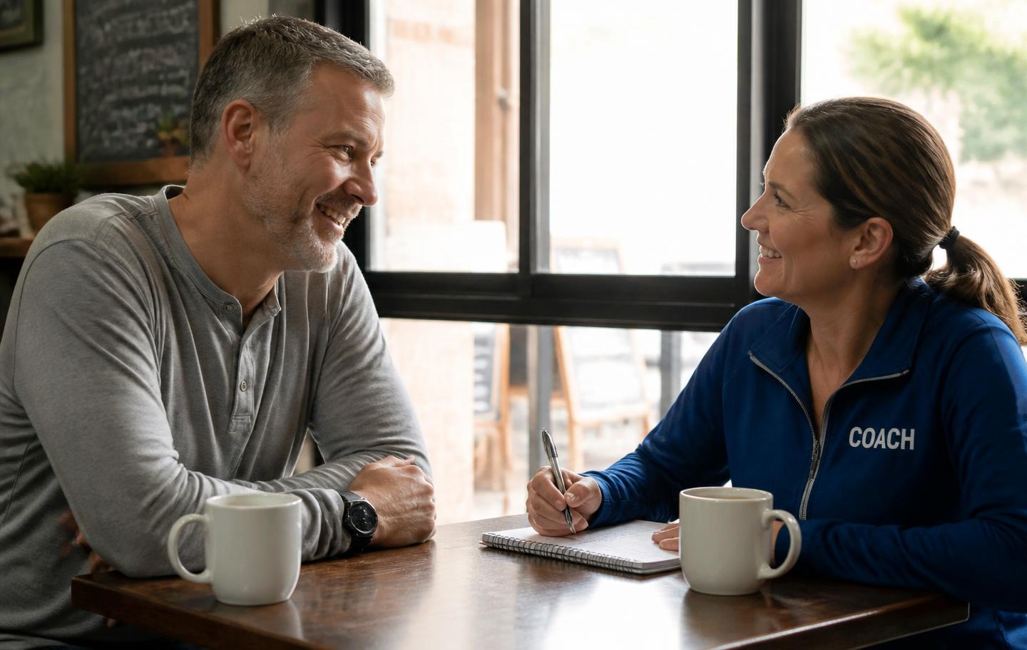 A man in his fifties and a coach talking warmly across a cafe table with a notebook between them