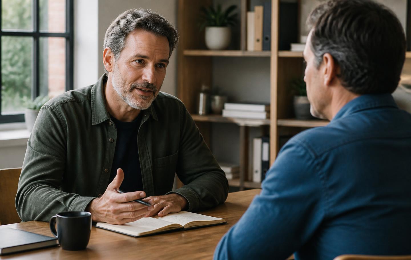 A man and a woman in their fifties talking through a coaching plan at a kitchen table