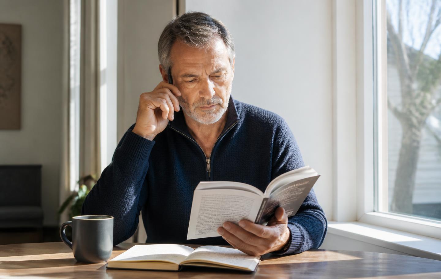 A man in his late fifties reading and making notes at a sunlit window table