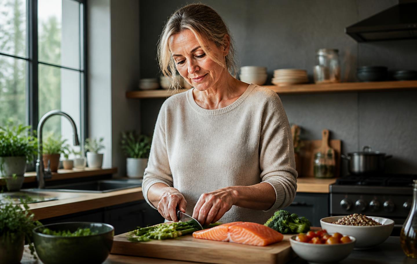 A man in his fifties preparing a protein-rich meal in his own kitchen