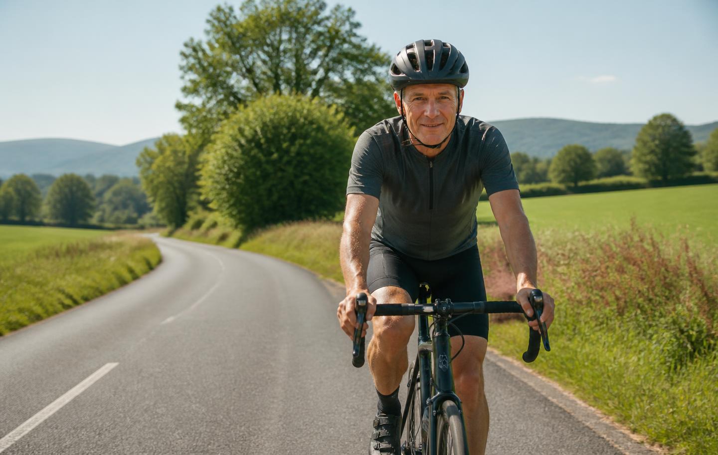 A man in his early sixties cycling on a quiet country road