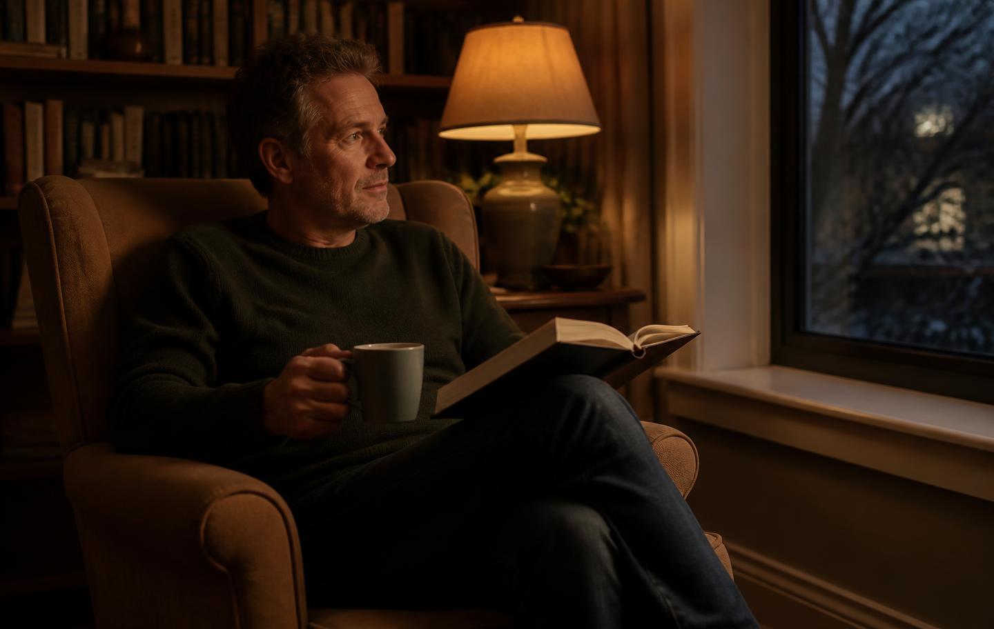 A man in his fifties resting and recovering at home after training
