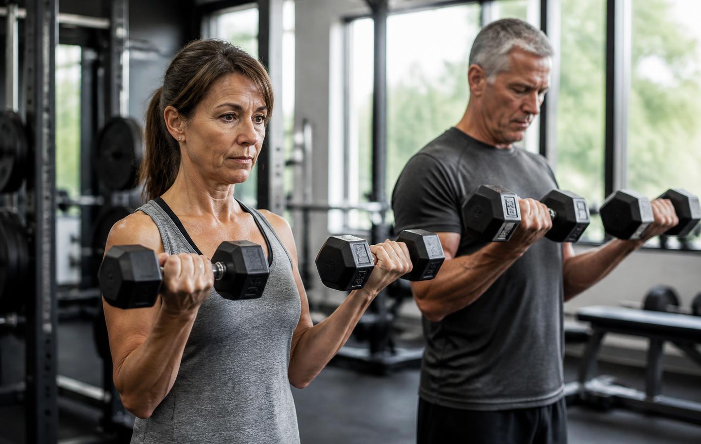 A woman in her fifties lifting weights in a bright gym