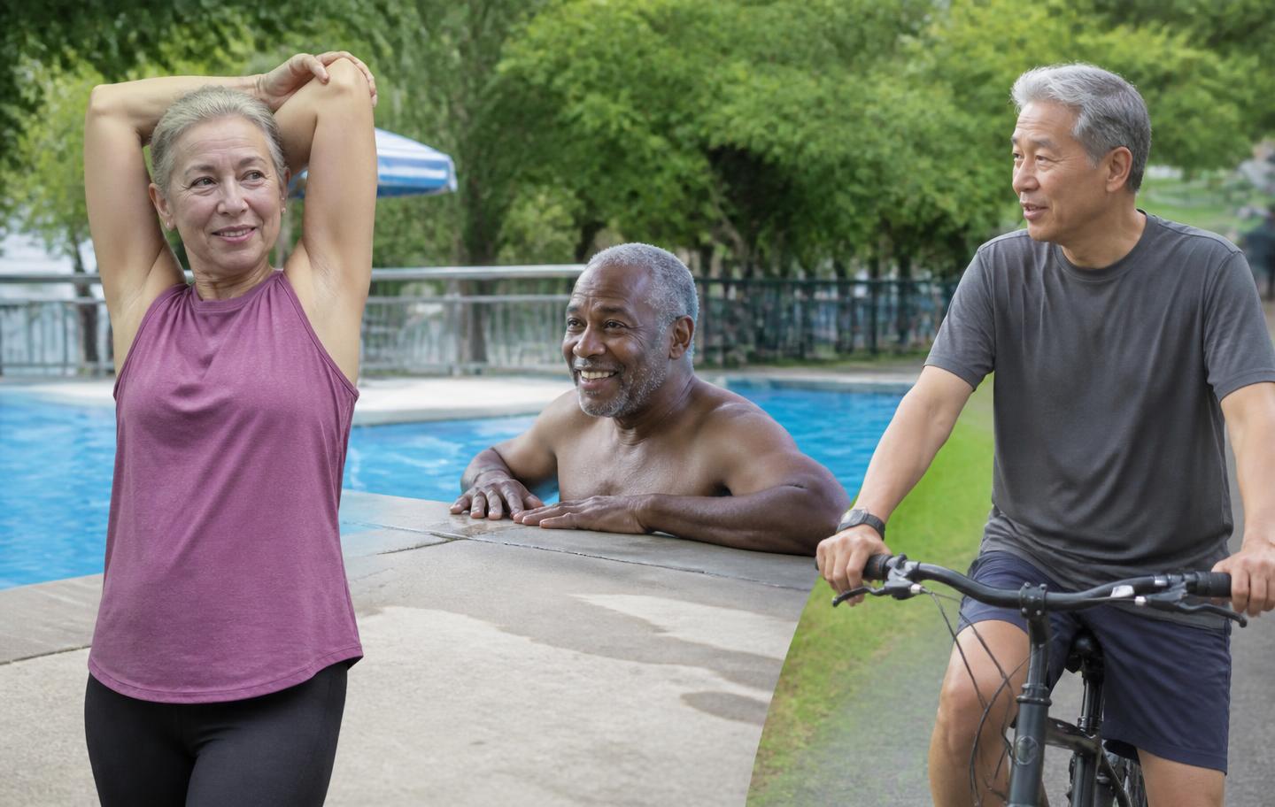 Three adults in their fifties and sixties stretching, swimming and cycling at a community park